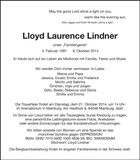 Traueranzeige Lloyd Laurence Lindner