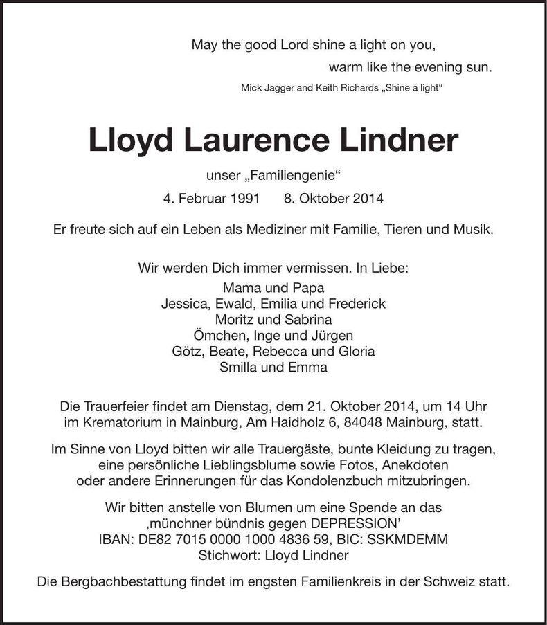 Traueranzeige Lloyd Laurence Lindner