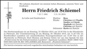 Traueranzeige Friedrich Schiemel