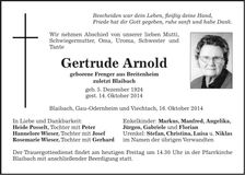 Traueranzeige Gertrude Arnold