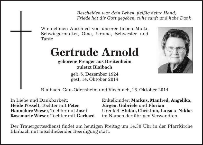 Traueranzeige Gertrude Arnold