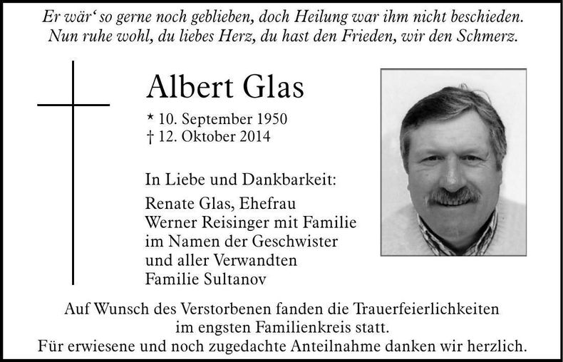 Traueranzeige Albert Glas