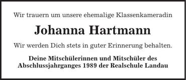 Traueranzeige Johann Hartmann