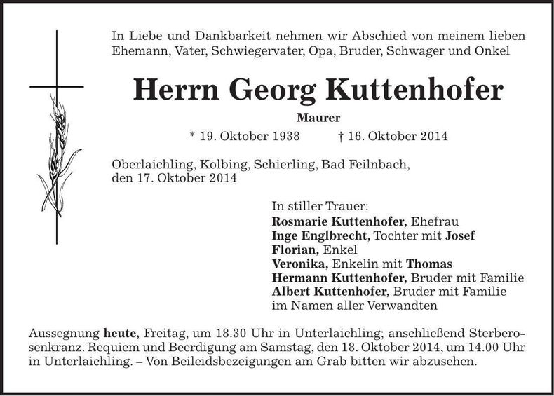 Traueranzeige Georg Kuttenhofer