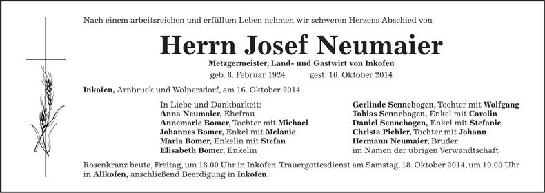 Traueranzeige Josef Neumaier