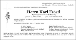 Traueranzeige Karl Fröstl