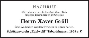 Traueranzeige Xaver Gröll
