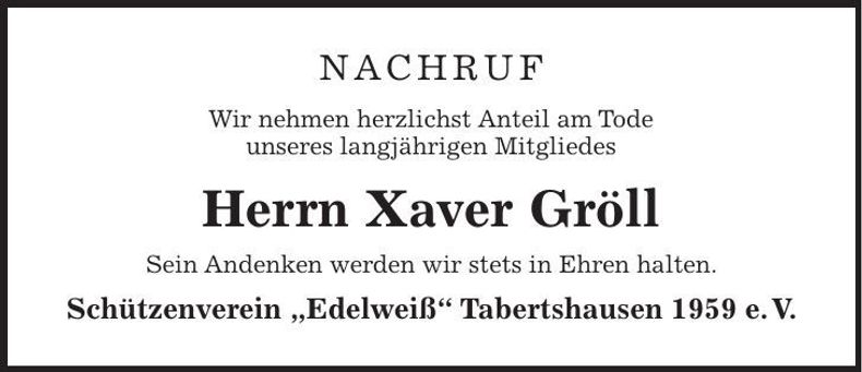 Traueranzeige Xaver Gröll