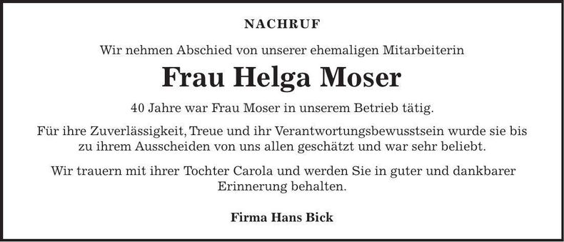 Traueranzeige Helga Moser