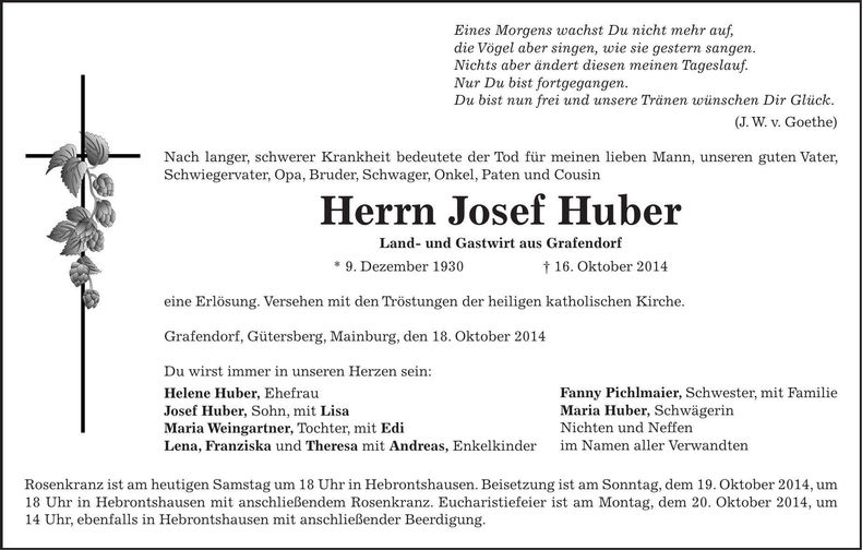 Traueranzeige Josef Huber