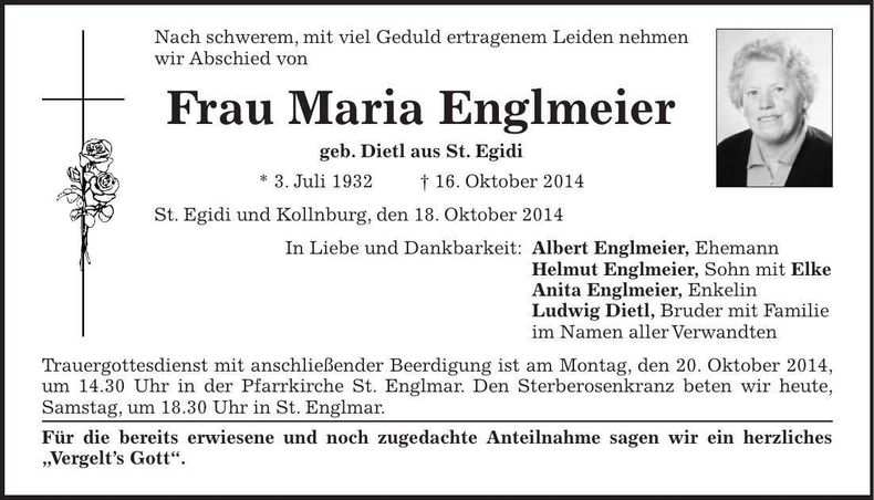 Traueranzeige Maria Englmeier