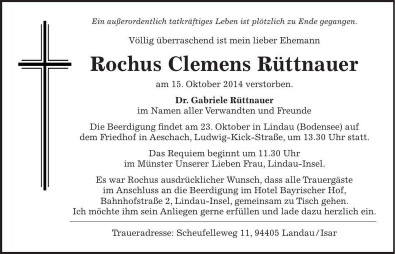 Traueranzeige Rochus Clemens Rüttnauer