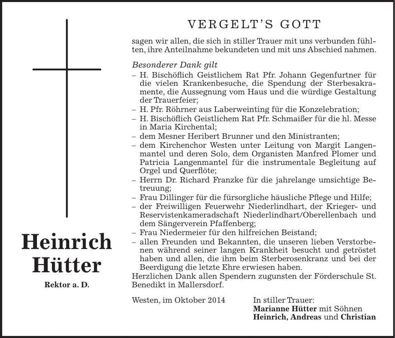 Traueranzeige Heinrich Hütter