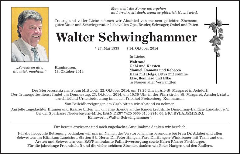 Traueranzeige Walter Schwinghammer