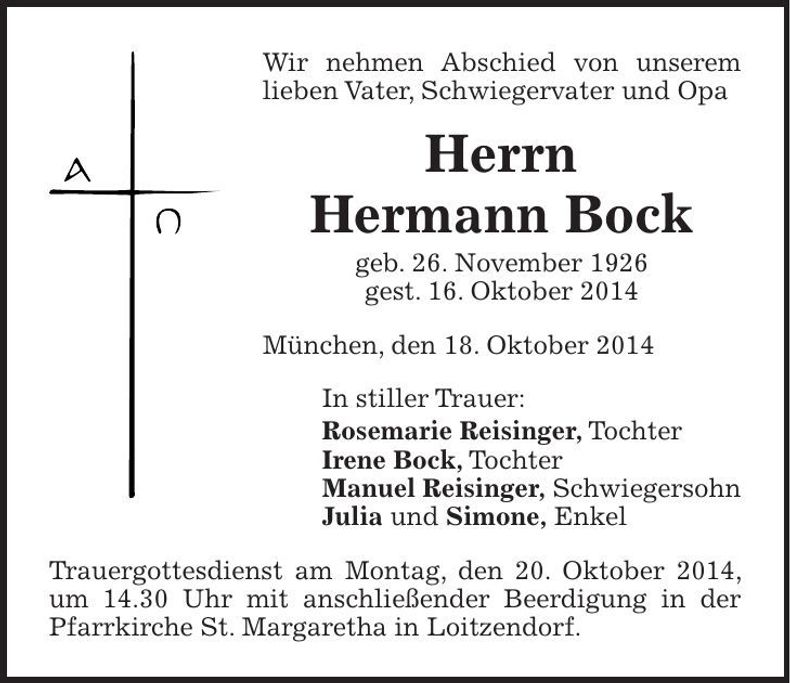Traueranzeige Hermann Bock