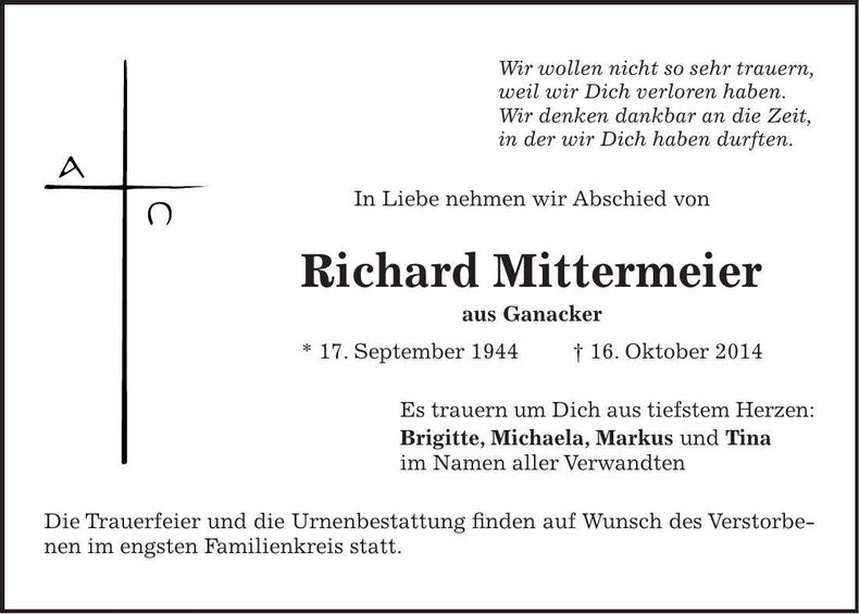 Traueranzeige Richard Mittermeier