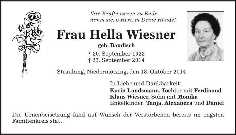 Traueranzeige Hella Wiesner