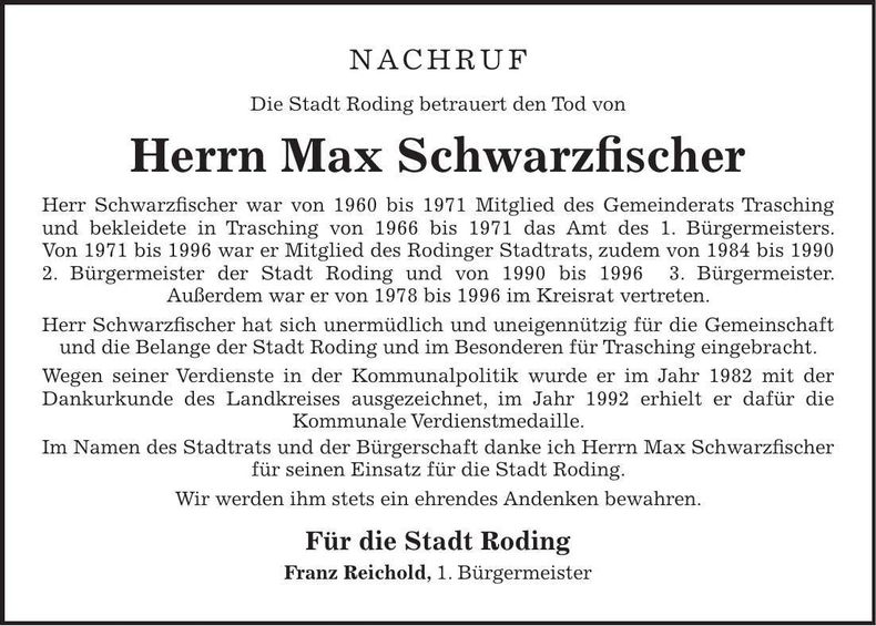 Traueranzeige Max Schwarzfischer