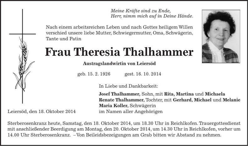 Traueranzeige Theresia Thalhammer