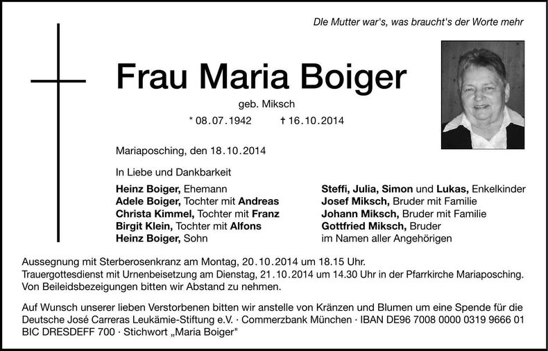 Traueranzeige Maria Boiger