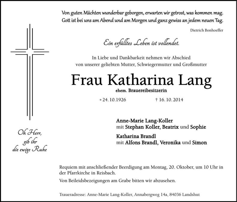 Traueranzeige Katharina Lang