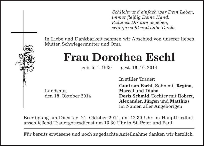 Traueranzeige Dorothea Eschl