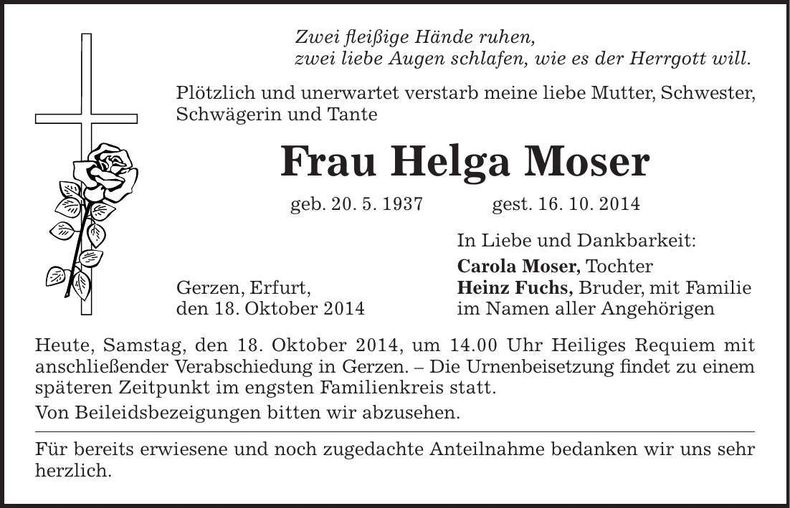 Traueranzeige Helga Moser