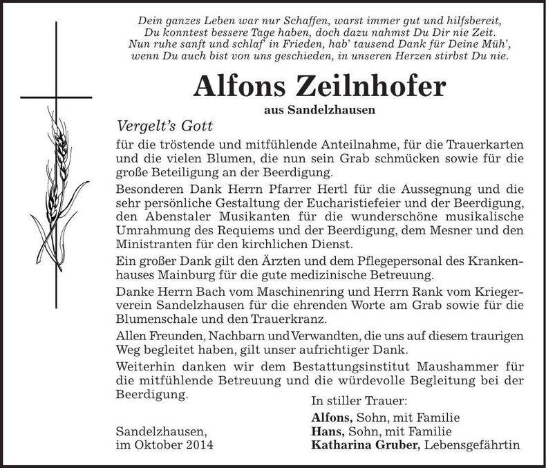 Traueranzeige Alfons Zeilnhofer