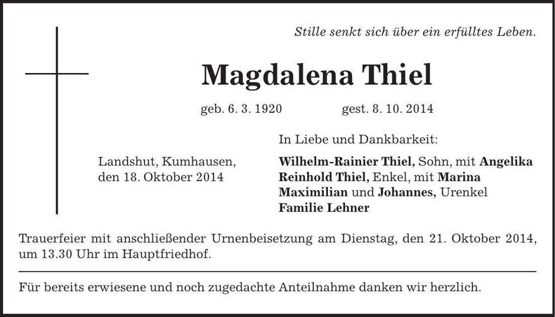 Traueranzeige Magdalena Thiel