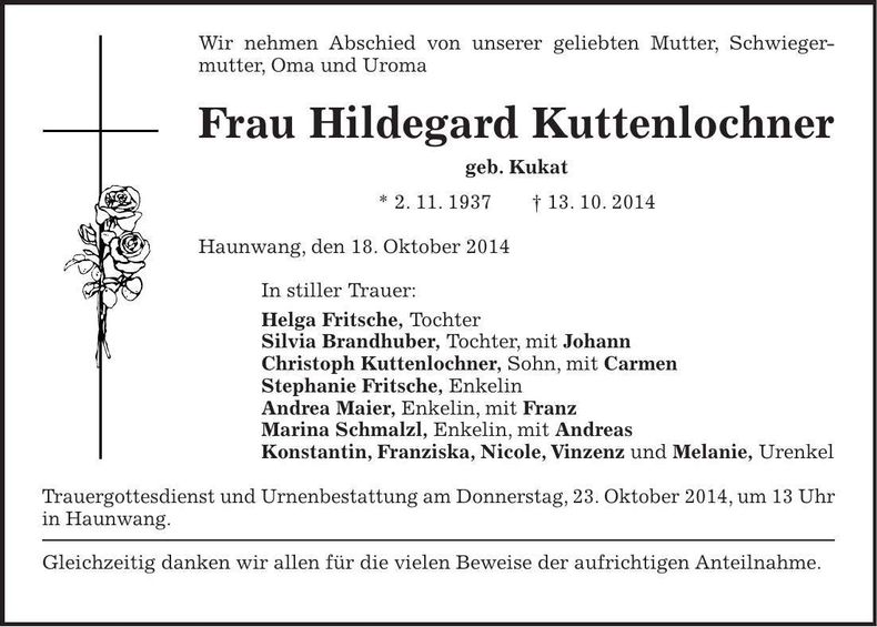 Traueranzeige Hildegard Kuttenlochner