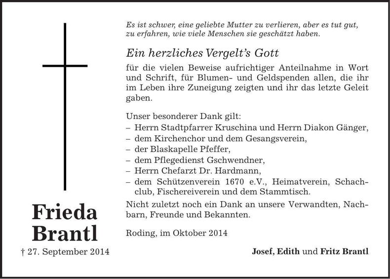 Traueranzeige Frieda Brantl
