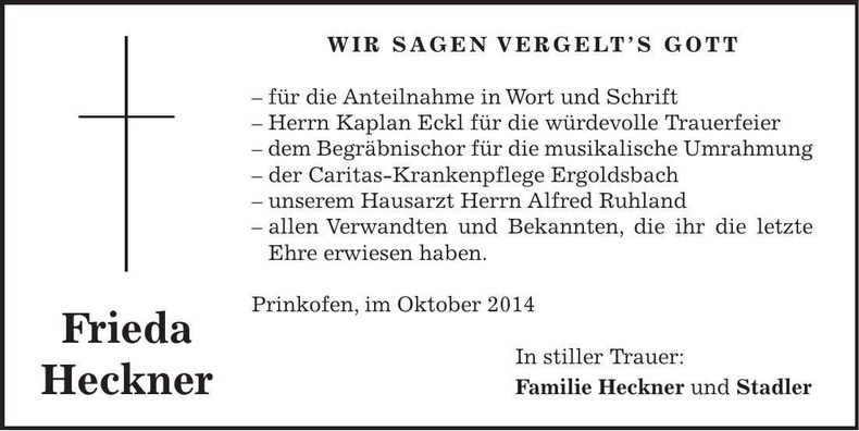 Traueranzeige Frieda Heckner