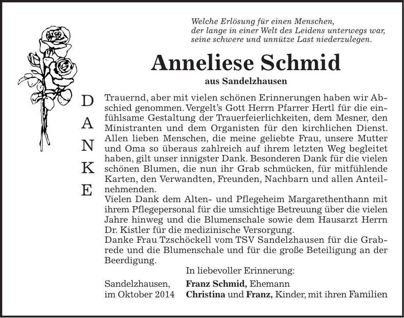 Traueranzeige Anneliese Schmid