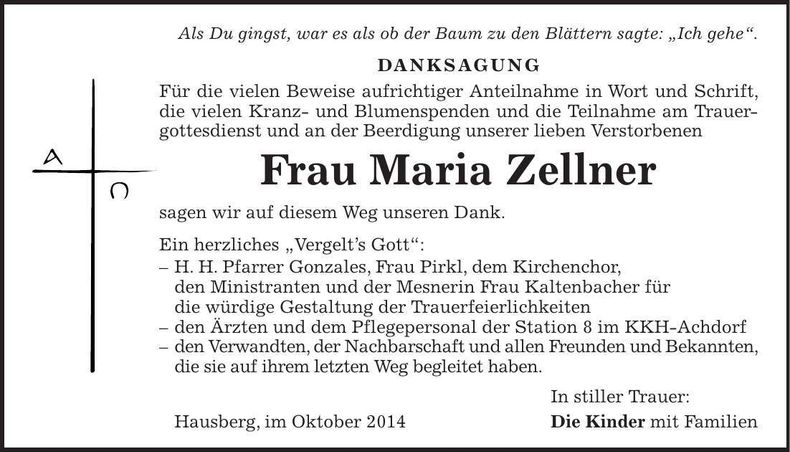 Traueranzeige Maria Zellner