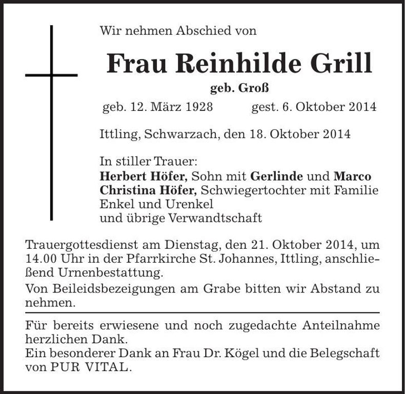 Traueranzeige Reinhilde Grill