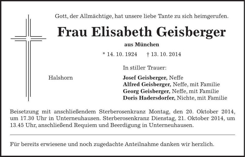 Traueranzeige Elisabeth Geisberger