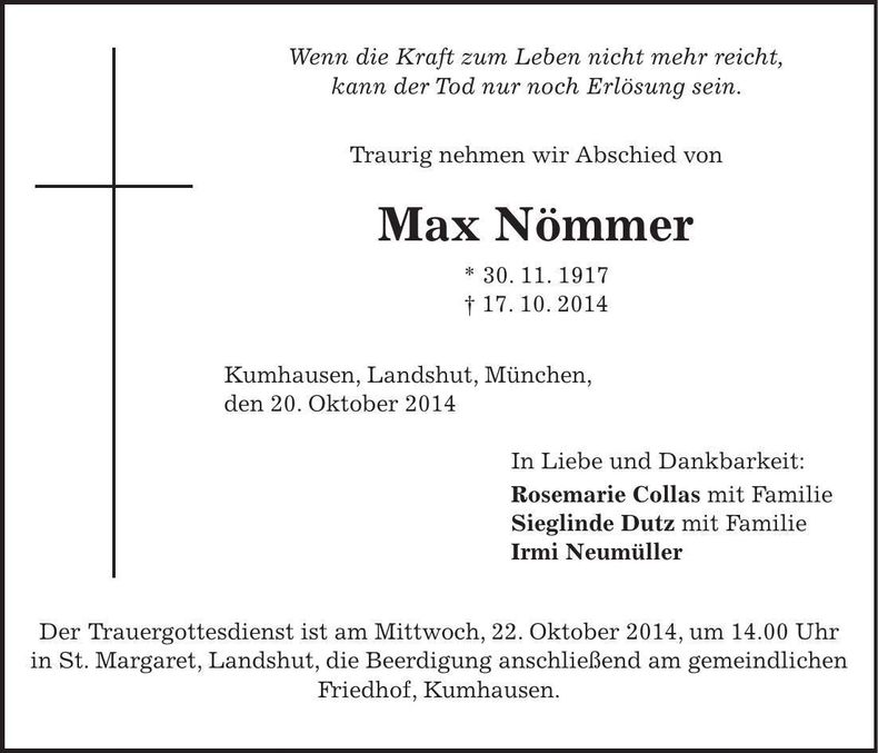 Traueranzeige Max Nömmer