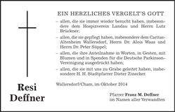 Traueranzeige Resi Deffner