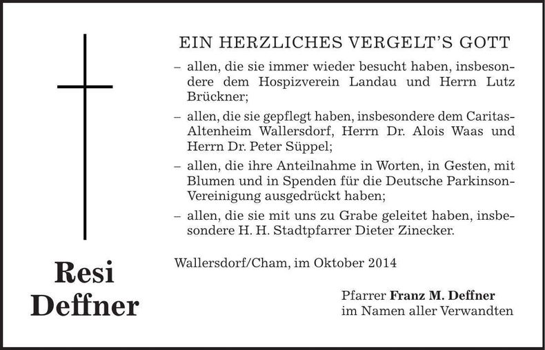Traueranzeige Resi Deffner