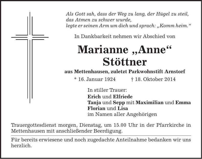 Traueranzeige Marianne "Anne" Stöttner