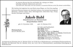 Traueranzeige Jakob Babl