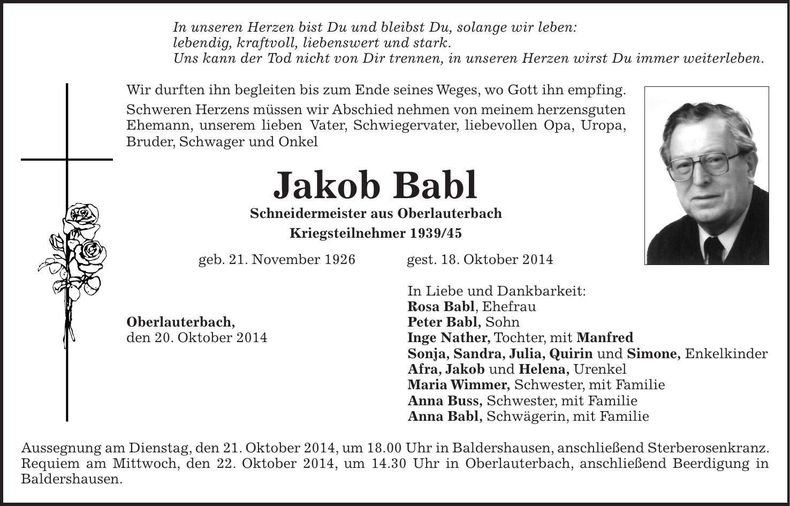 Traueranzeige Jakob Babl