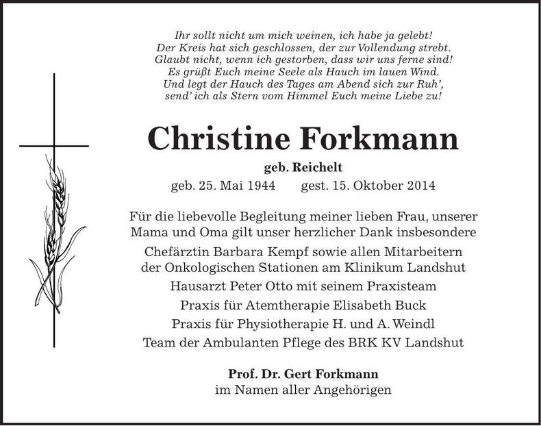 Traueranzeige Christine Forkmann