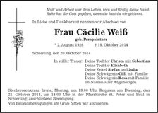 Traueranzeige Cäcilie Weiß