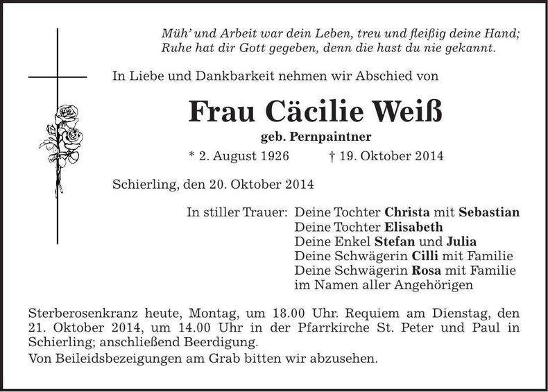 Traueranzeige Cäcilie Weiß