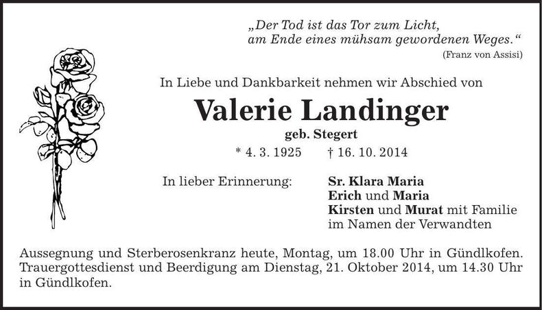 Traueranzeige Valerie Landinger