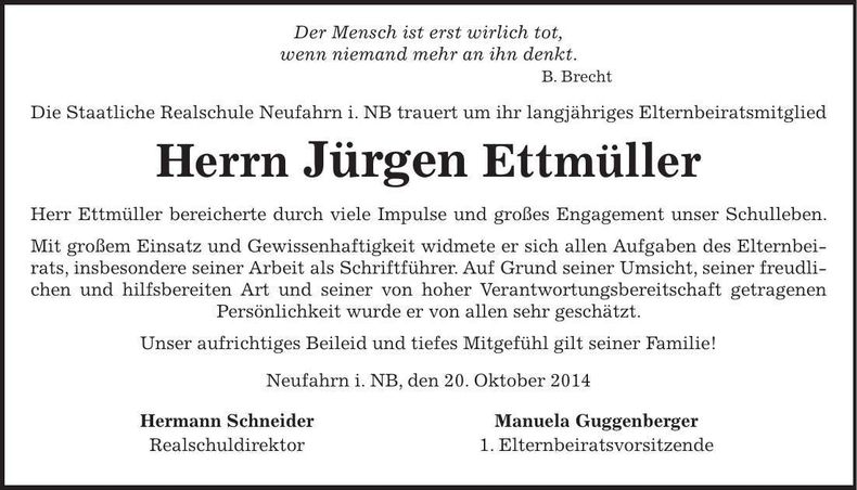 Traueranzeige Jürgen Ettmüller
