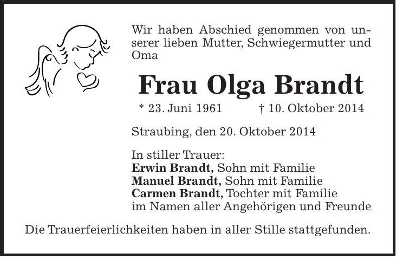 Traueranzeige Olga Brandt