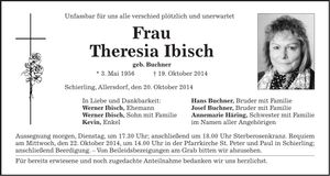 Traueranzeige Theresia Ibisch