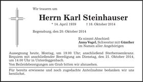 Traueranzeige Karl Steinhauser
